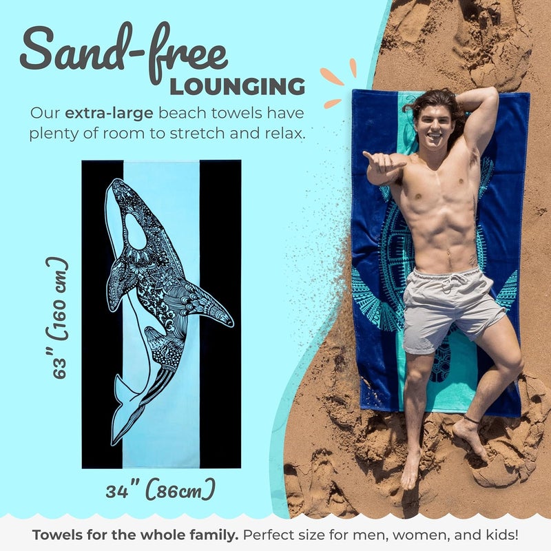 Nova Blue Orca (34 X 63) – Navy & Blue Colorway with Tropical Whale Design Travel Beach Towel Made from 100% Cotton – Vibrant Colorful Blanket Towel – Extra Large - Image 3