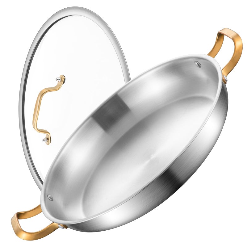 Yeksum 14 Inch Stainless Steel Paella Pan with Lid,Frying Pan, Tri-Ply Even Heating, Induction Ready & Dishwasher Safe â€“ Great for Camping, Parties, Family Gatherings - Image 1