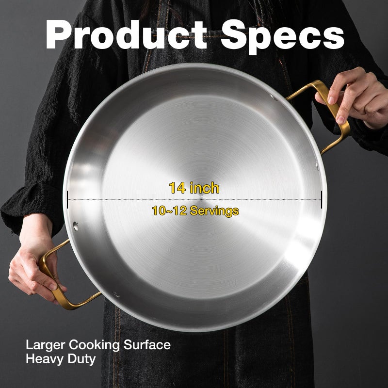 Yeksum 14 Inch Stainless Steel Paella Pan with Lid,Frying Pan, Tri-Ply Even Heating, Induction Ready & Dishwasher Safe â€“ Great for Camping, Parties, Family Gatherings - Image 3