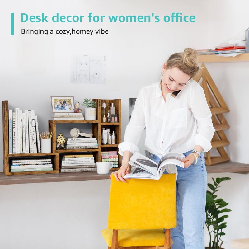 NUTIKAS Desk Shelves Desktop Organizer Shlef - Rustic Office Organization for Top of Desk Organizers and Accessories Corner Bookshelf Table Top Shelving Small Hutch Decorations for Office - Image 5