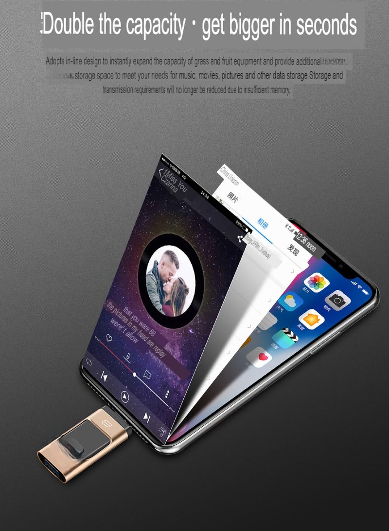 AROAQ محرك أقراص فلاش USB سعة 128 جيجابايت، محرك أقراص فلاش USB خارجي مقاوم للصدمات 3 في 1، ذاكرة USB آمنة ومستقرة، محرك أقراص فلاش معدني مريح وسريع، ذهبي وردي (واجهة Type-C + Apple Head + USB) - Image 3