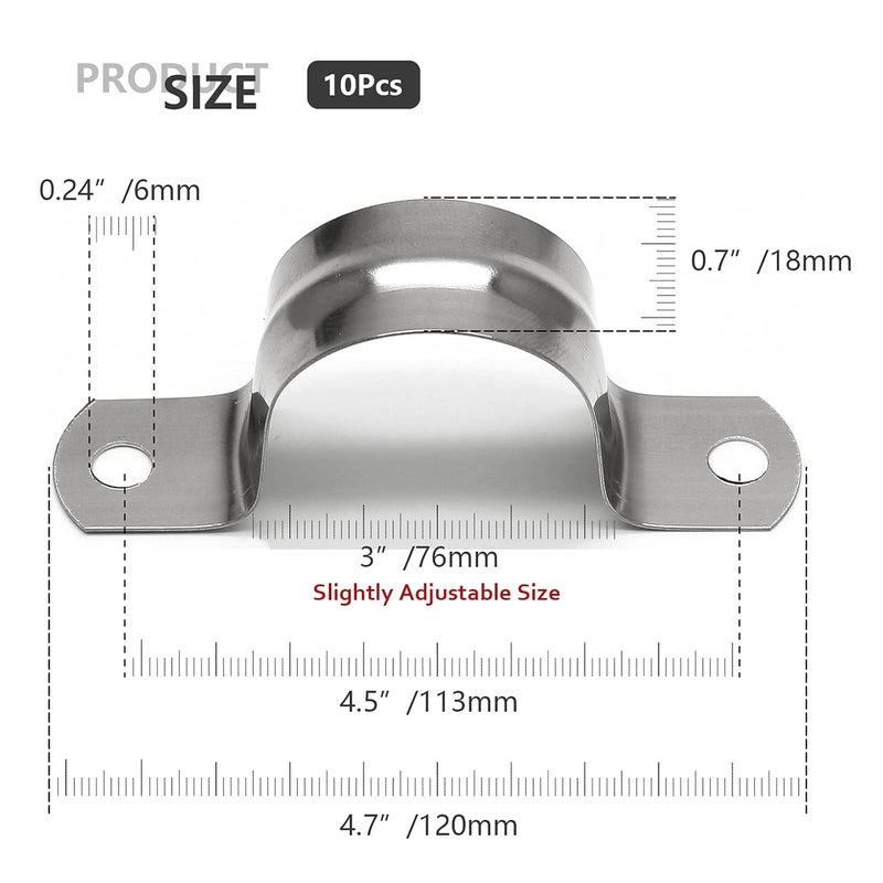 Jersvimc 10Pcs 3 Inch Stainless Steel Large Conduit Clamps, Two Hole Strap U Bracket Rigid Pipe Strap Metal U Clamp Conduit Strap Tension Clips U-tube Clamp Heavy Duty - Image 4
