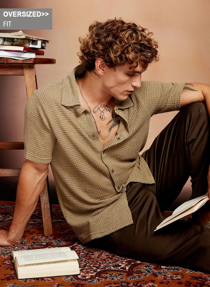 Campus Sutra Men's Sand Beige Solid-Knit Oversized Shirt