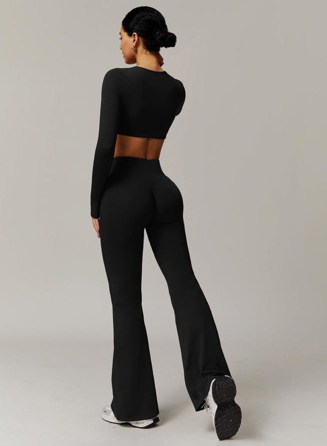 ABOCIW Workout Sets for Women 2 Piece Square Neck Long Sleeve Crop Tops High Waist Flared Leggings Gym Sets, V-black, M - Image 2