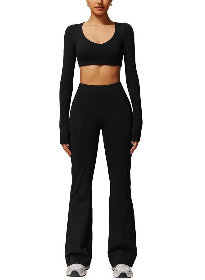 ABOCIW Workout Sets for Women 2 Piece Square Neck Long Sleeve Crop Tops High Waist Flared Leggings Gym Sets, V-black, M - Image 1