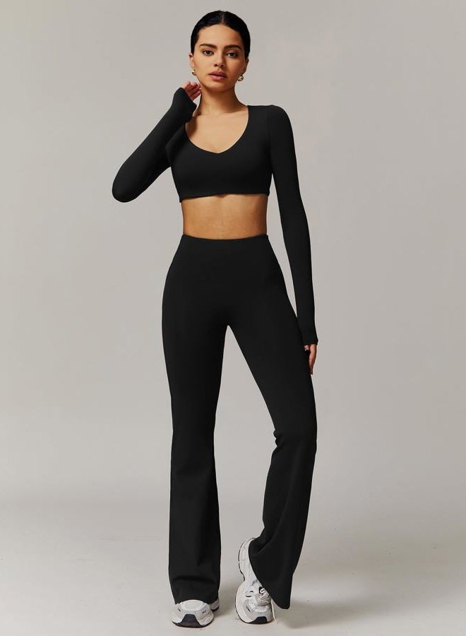 ABOCIW Workout Sets for Women 2 Piece Square Neck Long Sleeve Crop Tops High Waist Flared Leggings Gym Sets, V-black, M - Image 4