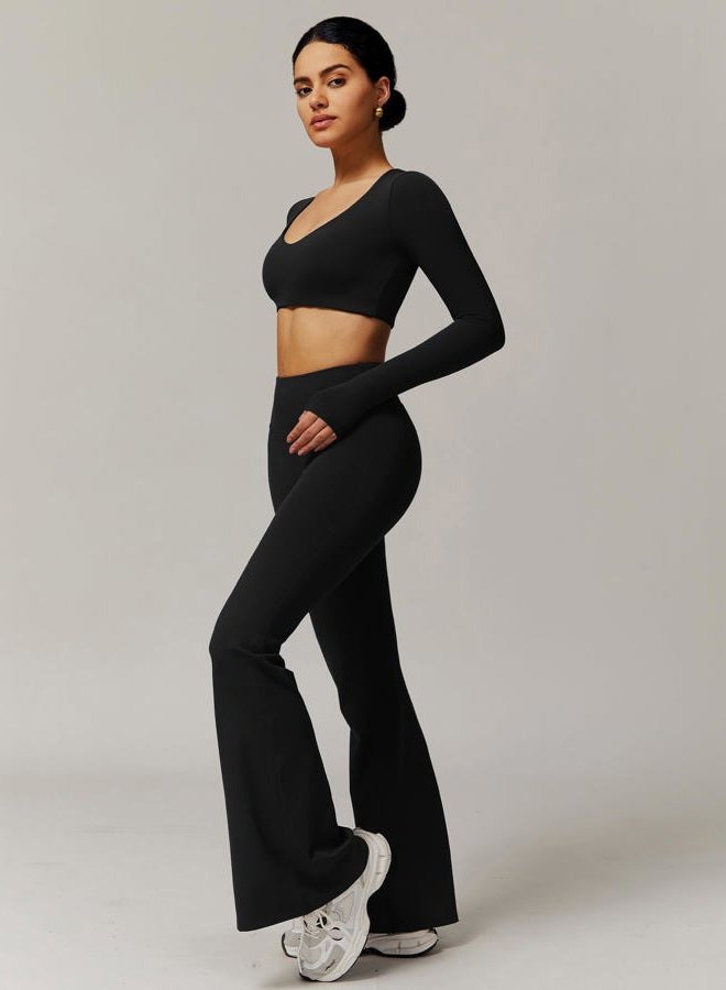 ABOCIW Workout Sets for Women 2 Piece Square Neck Long Sleeve Crop Tops High Waist Flared Leggings Gym Sets, V-black, M - Image 3