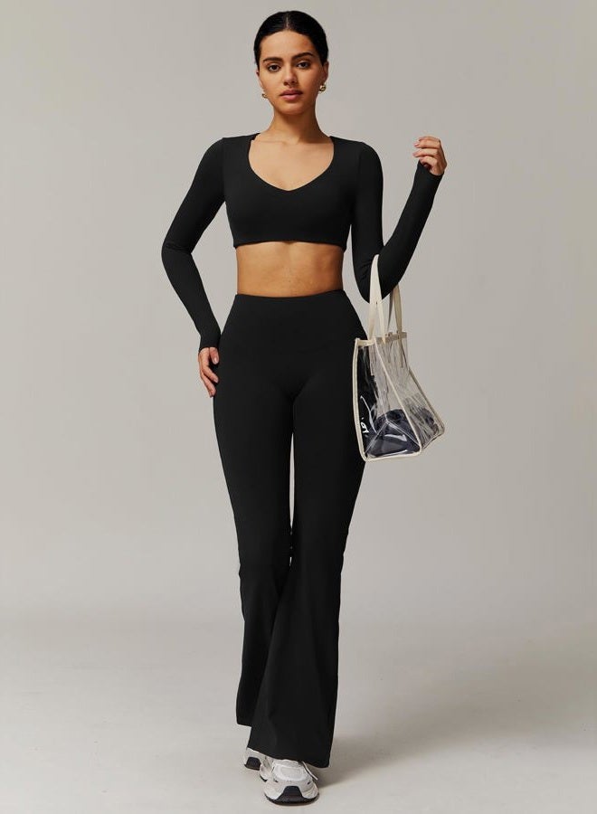 ABOCIW Workout Sets for Women 2 Piece Square Neck Long Sleeve Crop Tops High Waist Flared Leggings Gym Sets, V-black, M - Image 5