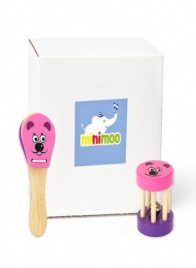 MiniMoo Originals - 2 Piece Wooden Baby Rattle Set | Pink Bear Shaker and Clapper Combo | Animal Rattle for Babies & Toddlers Ages 1-3 - Image 1