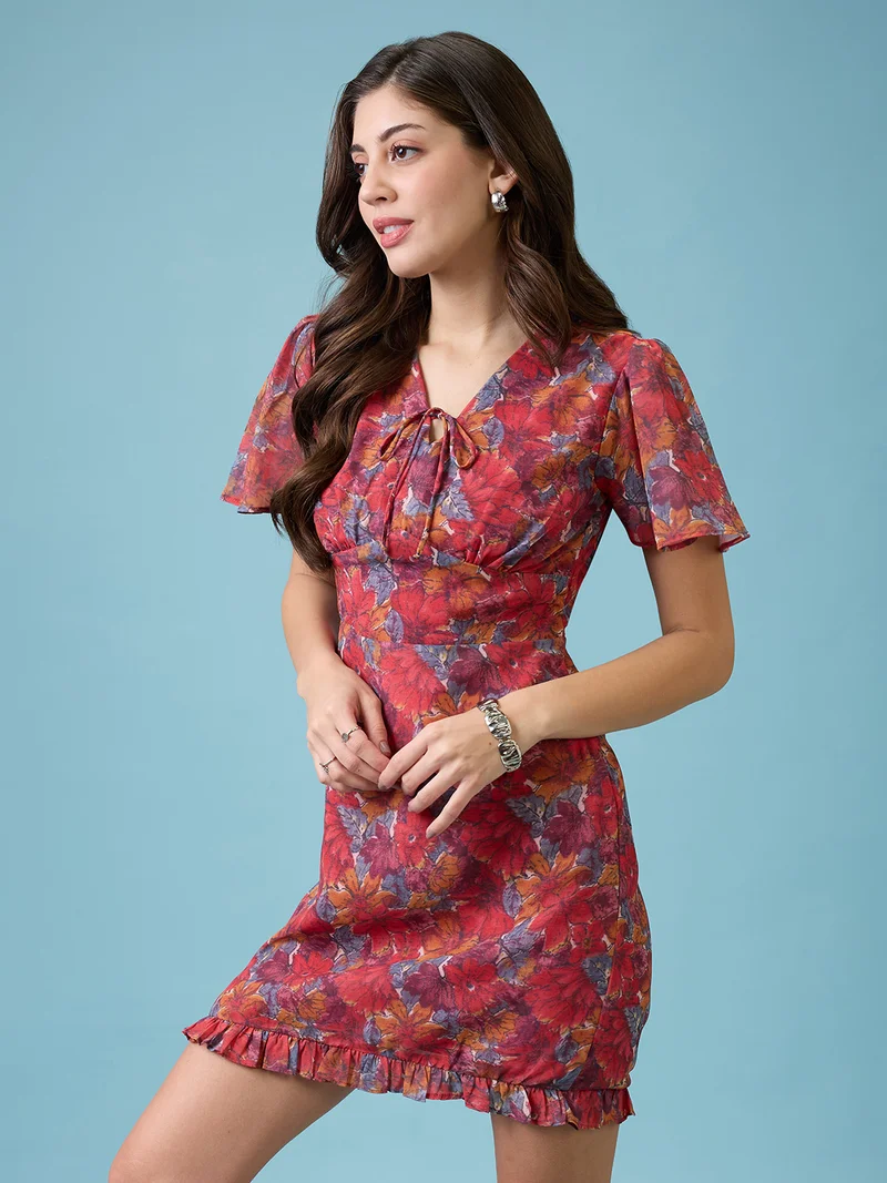 globus Women Pink Allover Floral Printed V-Neck Flared Sleeves Frilled Hem Sheath Mini Dress