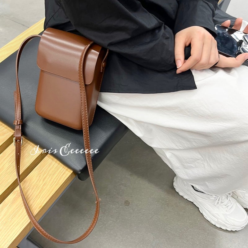 Mobile Phone Bag Women'S Cross-Body Korean Style Retro Small Square Bag Can Hold Mobile Phone Vertical Shoulder Cross-Body Pure Color Coin Purse - Image 1