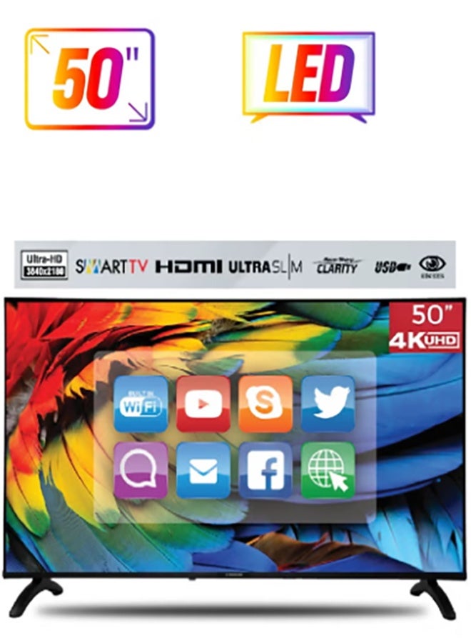 توشيرو تلفزيون ذكي LED فائق الوضوح 4K مقاس 50 بوصة | نظام تشغيل أندرويد | واي فاي مدمج وDLNA | معالج رباعي النواة | تطبيقات ذكية تشمل تويتر وفيسبوك وسكايب | منافذ HDMI وUSB | 60 هرتز | ضمان سنتين، أسود | TRO4K50SLED - Image 1