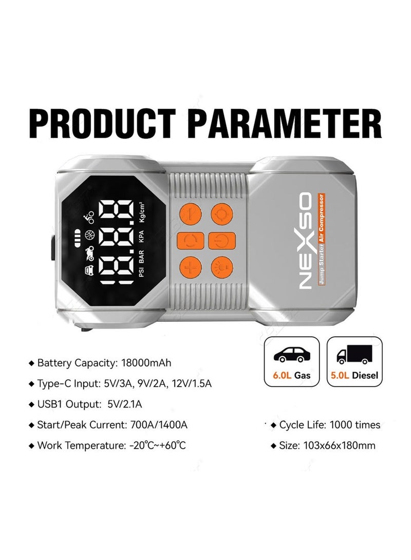 Nexso Portable Car Jump Starter with 18000mAh Wireless Charging, 1500A Peak Battery Booster Pack, USB-C Fast Charging Power Bank, LED Emergency Flashlight for 12V Cars, Tyre Inflator for Car - Image 4
