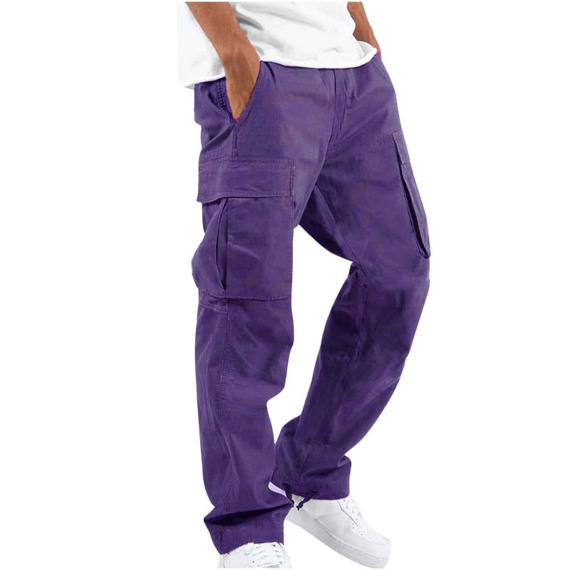 2023 Amazon summer new mens overalls European and American independent station Foreign trade drawstring multi-pocket casual trousers Purple