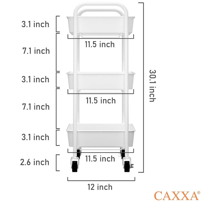 CAXXA 3-Tier Rolling Metal Storage Organizer - Mobile Utility Cart Kitchen Cart with Caster Wheels, White - Image 3