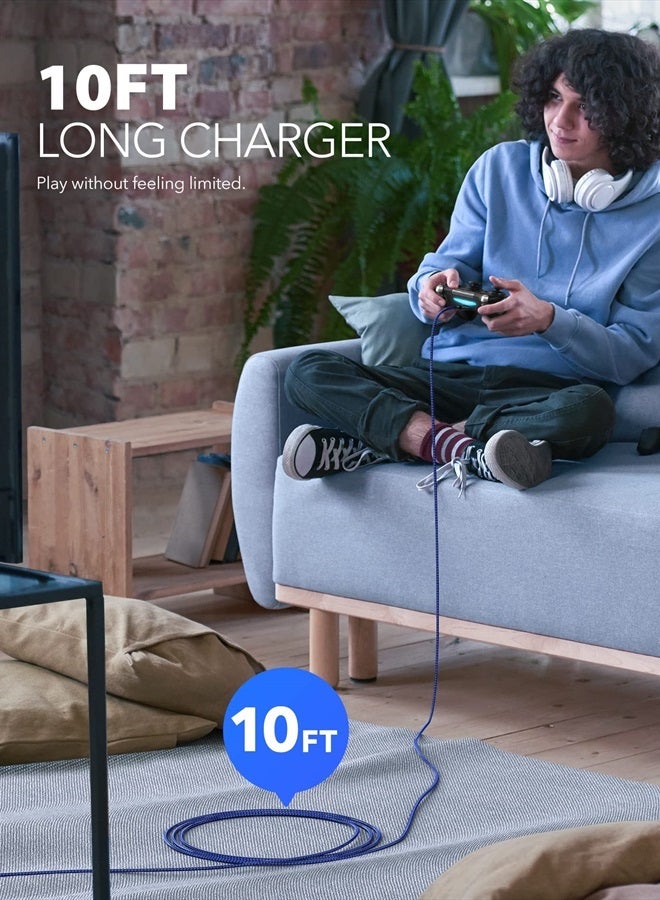 6amLifestyle شاحن وحدة تحكم PS4 وكابل شحن بطول 10 أقدام - عبوة 2 - نايلون مضفر طويل جداً - كابل بيانات عالي السرعة Micro USB 2.0 متوافق مع بلاي ستيشن 4، PS4 سليم/برو، وحدة تحكم Xbox One S/X - Image 4