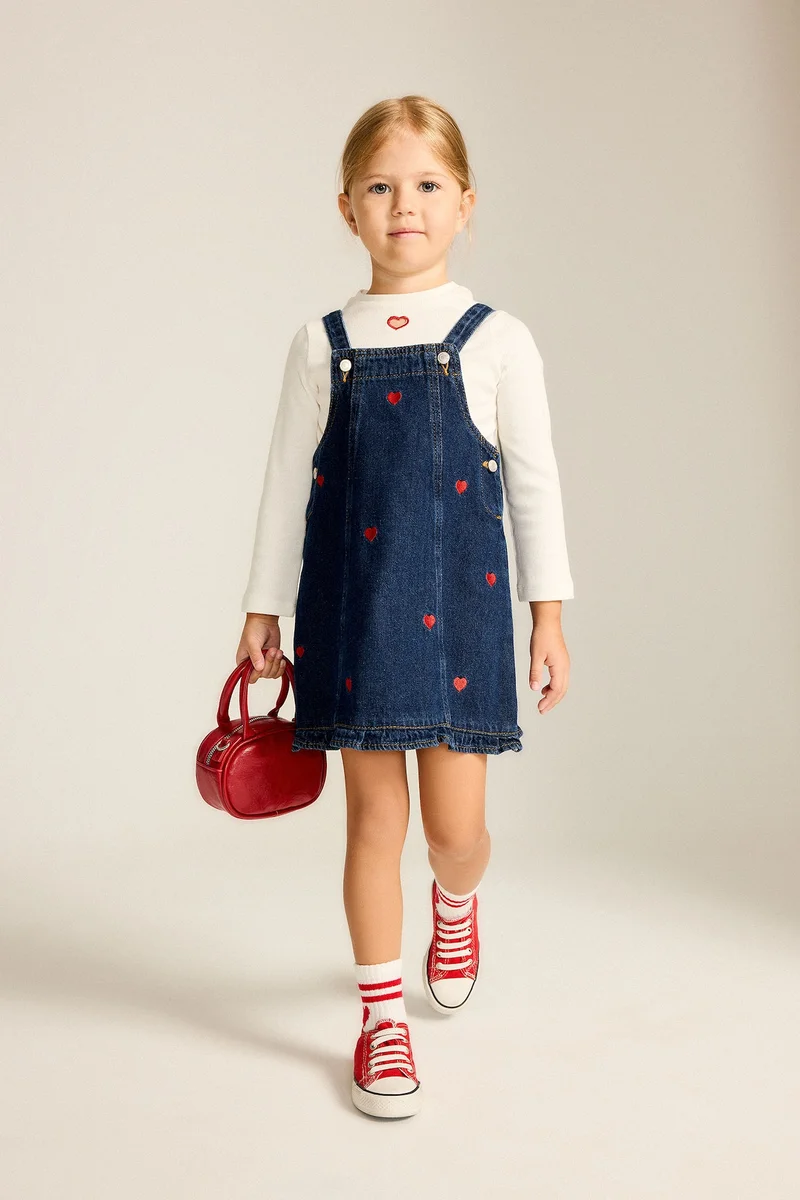 ديفاكتو Baby Girl 100% Cotton Embroidered Denim Dress
