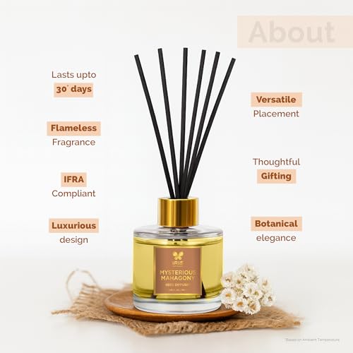 IRIS Aroma Reed Diffuser – 100ml | Elegant Home Fragrance with 6 Fiber Reeds, Glass Round Bottle with Gold Cap | Aroma Diffuser for Cozy Decor & Gifting (Mysterious Mahagony) - Image 4