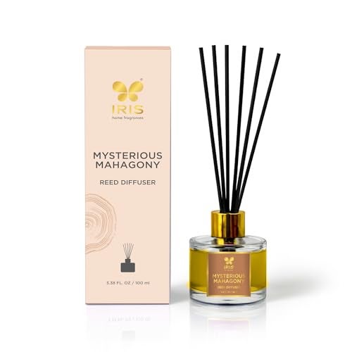 IRIS Aroma Reed Diffuser – 100ml | Elegant Home Fragrance with 6 Fiber Reeds, Glass Round Bottle with Gold Cap | Aroma Diffuser for Cozy Decor & Gifting (Mysterious Mahagony) - Image 1
