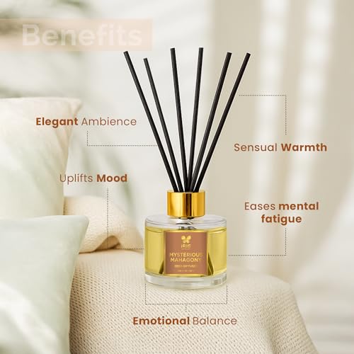 IRIS Aroma Reed Diffuser – 100ml | Elegant Home Fragrance with 6 Fiber Reeds, Glass Round Bottle with Gold Cap | Aroma Diffuser for Cozy Decor & Gifting (Mysterious Mahagony) - Image 5
