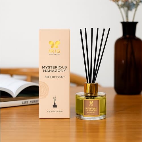 IRIS Aroma Reed Diffuser – 100ml | Elegant Home Fragrance with 6 Fiber Reeds, Glass Round Bottle with Gold Cap | Aroma Diffuser for Cozy Decor & Gifting (Mysterious Mahagony) - Image 2