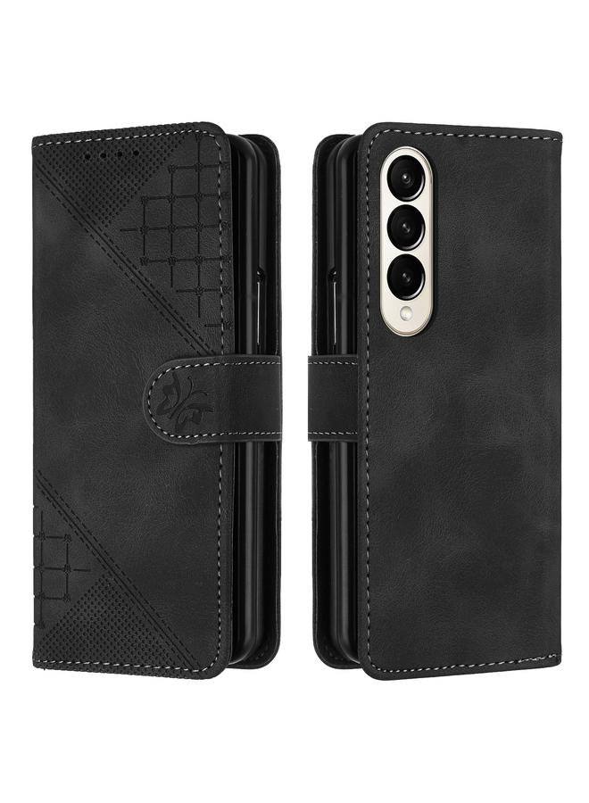 Green Tiger For Samsung Galaxy Z Fold4 YX0080 Grid Butterfly Embossed Pattern Flip Leather Phone Case with Lanyard(Black)