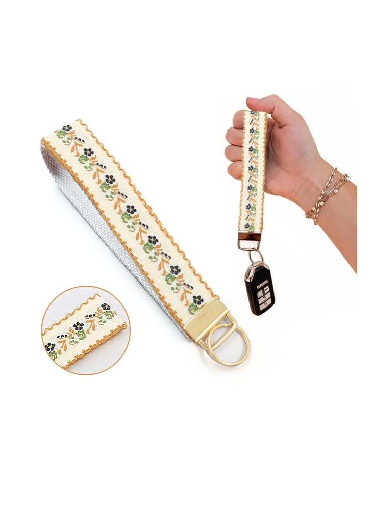 Floral Embroidered Fabric Keychain Wristlet Key Fob Keychain Car Key Chain Holder Handmade Wristband for Women -Orange - Image 1