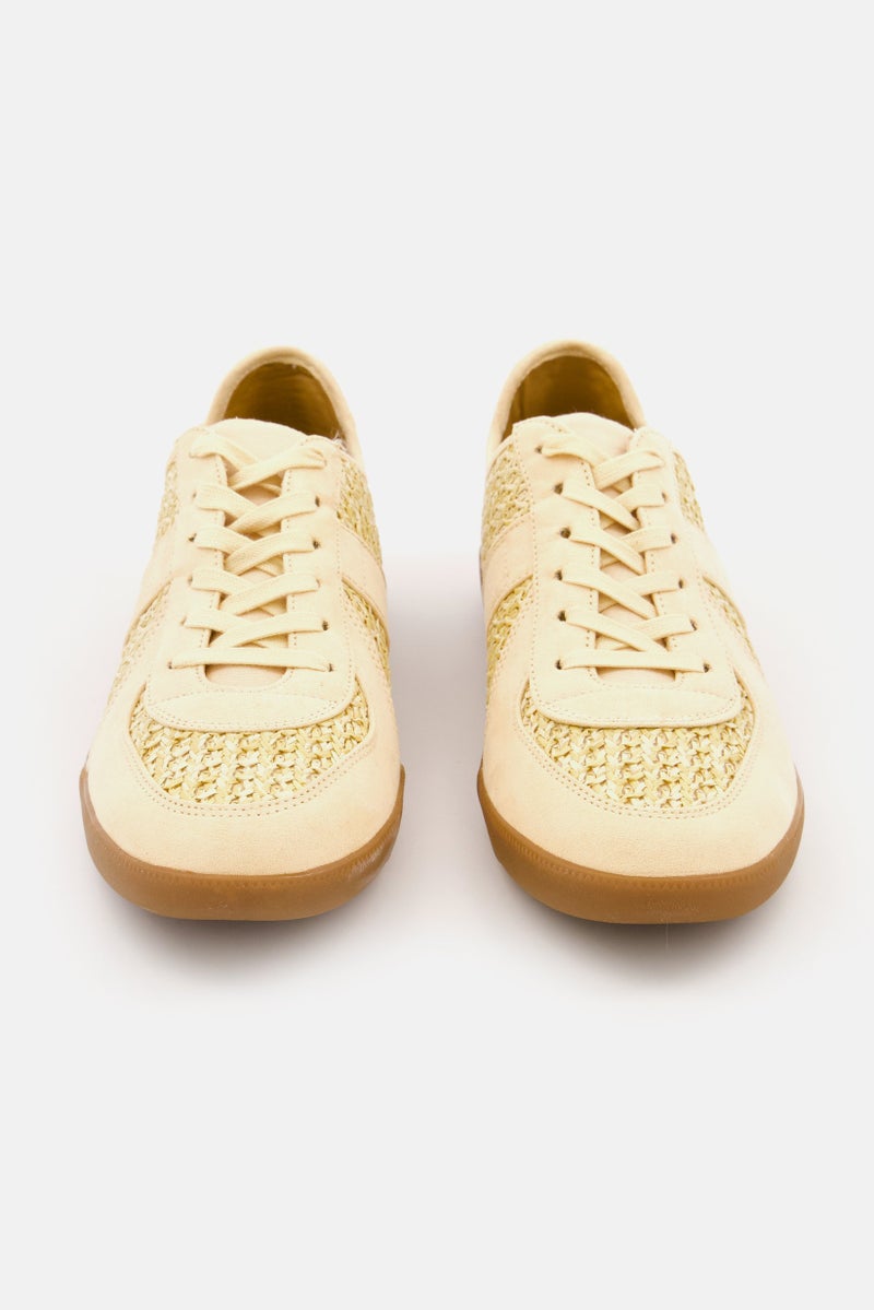 INC Men Lace Up Faux-Leather Raffia Sneakers Shoes, Beige - Image 2