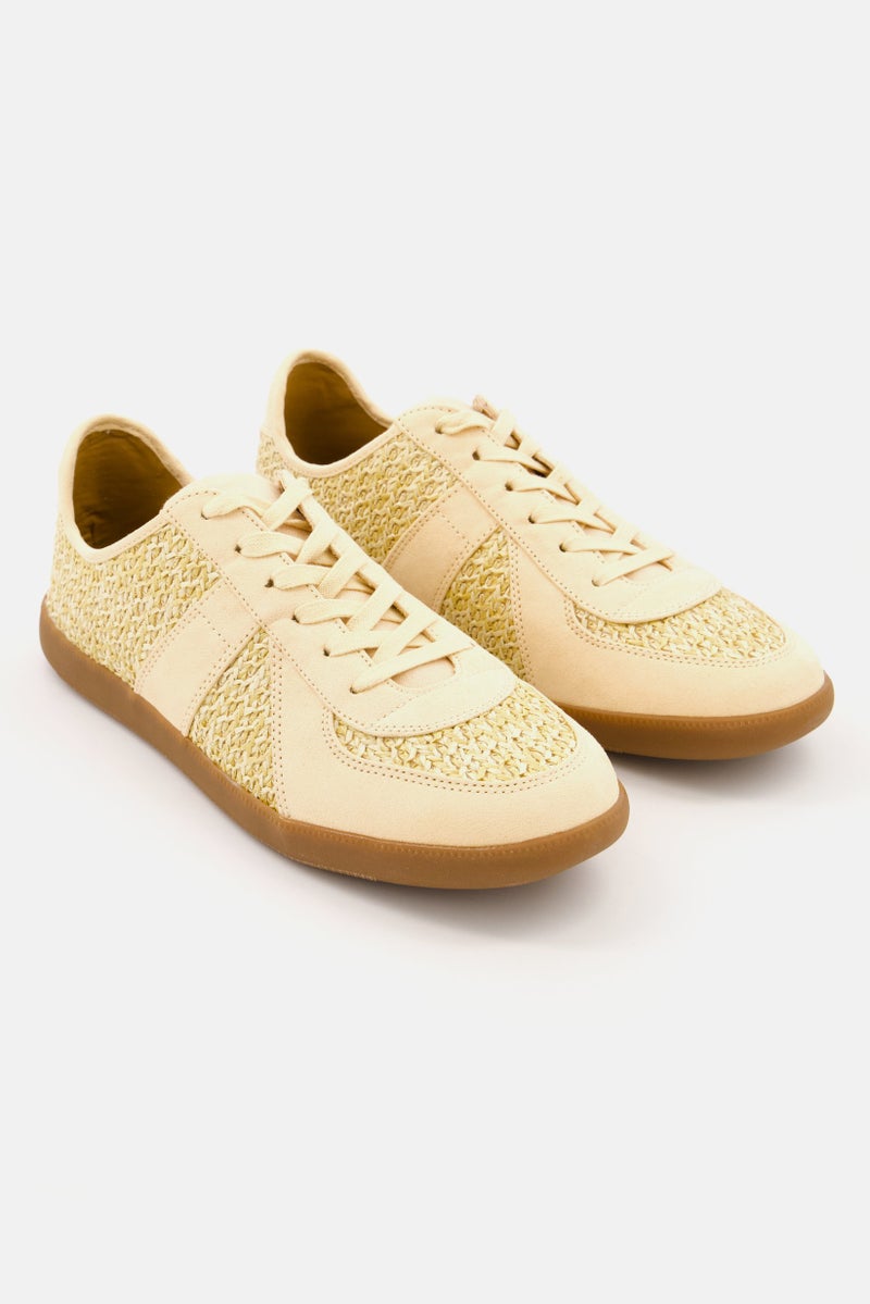 INC Men Lace Up Faux-Leather Raffia Sneakers Shoes, Beige - Image 1