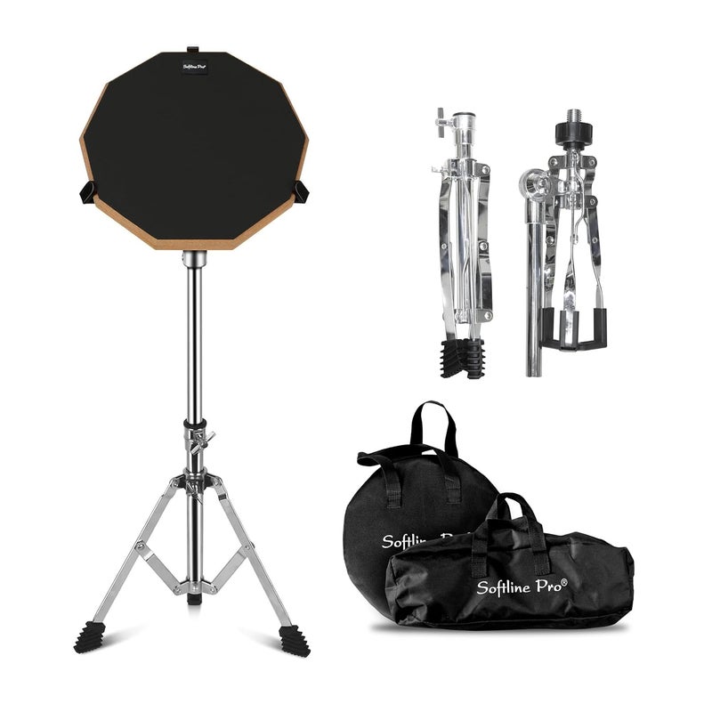 Softline Pro SP-DPPK-Kit 12" & 10 Corners Dumbed Drum Practice Pad Kit, Double Side with Stand & Bag (SP-DPPK-40-Kit- Black) - Image 1