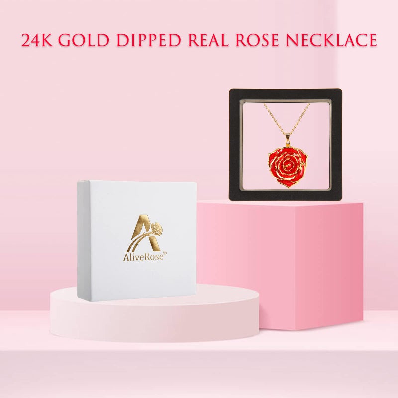 AliveRose Rose Pendant Necklaces Gifts for Women, 24K Gold Dipped Real Rose Dangle Necklace Jewelry - Ideal Gift for Her Wife Mom Anniversaries, Valentines, Birthday (Red) - Image 4