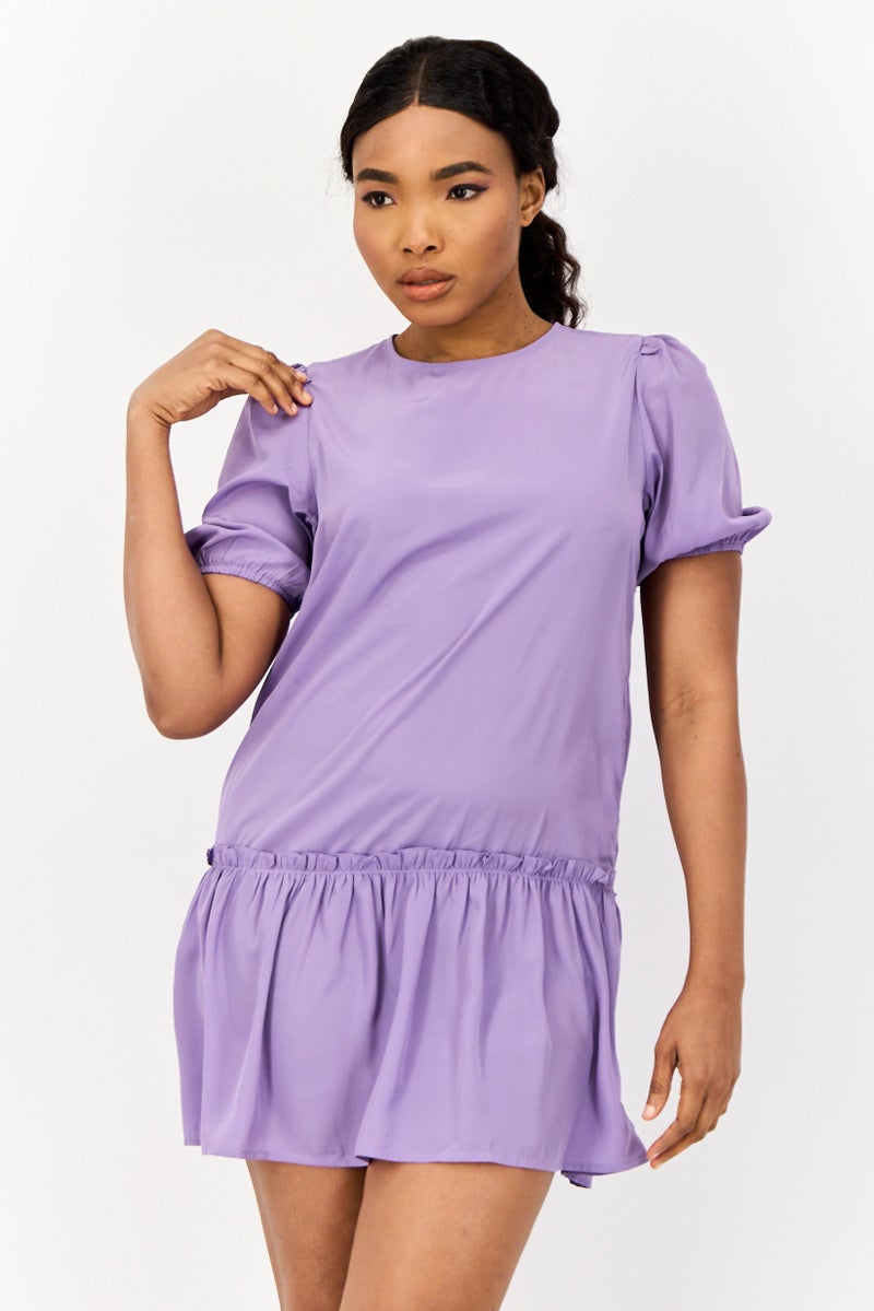 ONLY Women Solid Mini Peasant Dress, Purple  - Image 1