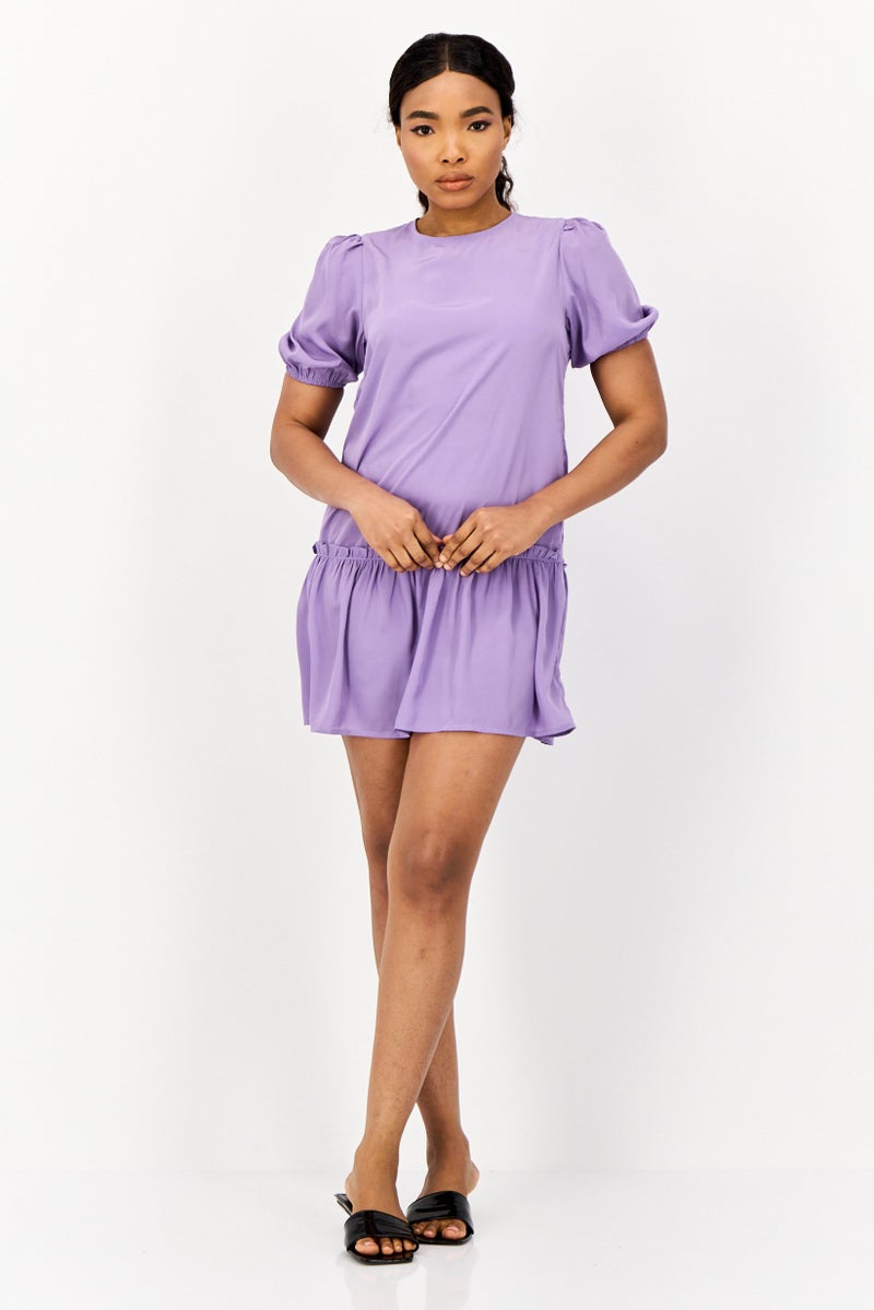 ONLY Women Solid Mini Peasant Dress, Purple  - Image 4