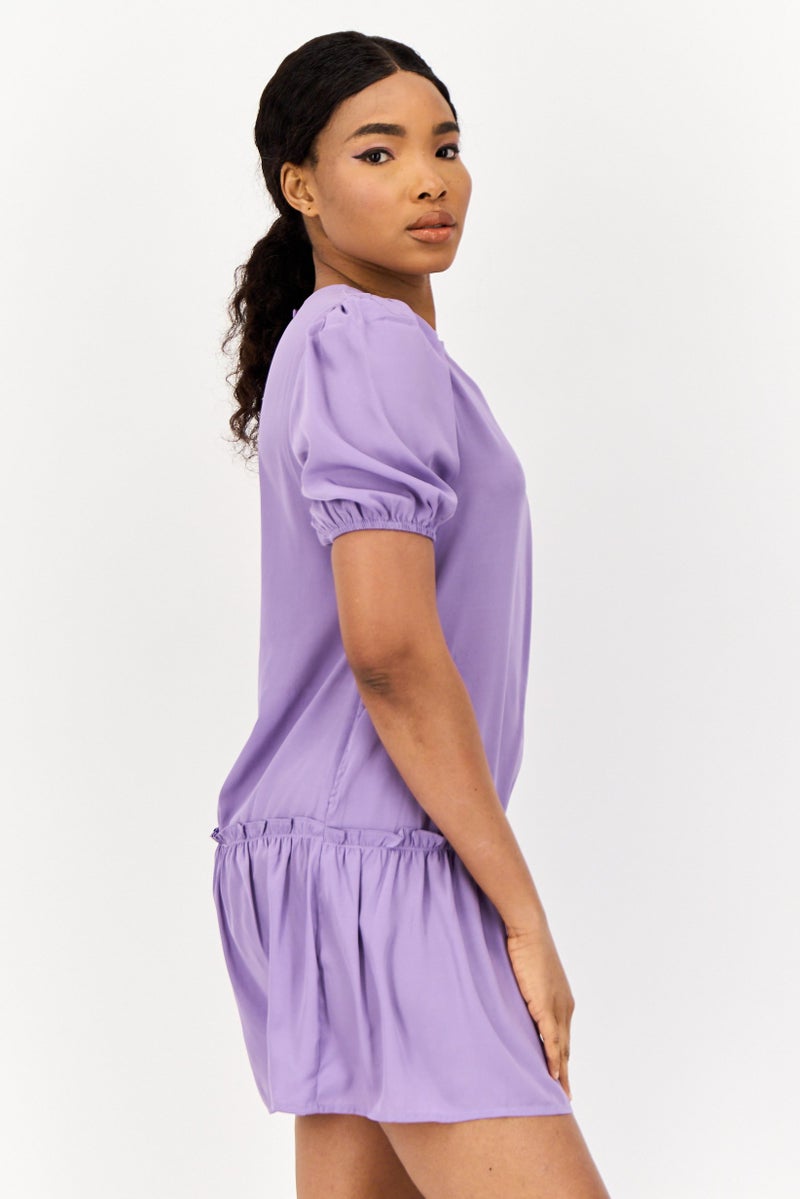 ONLY Women Solid Mini Peasant Dress, Purple  - Image 2