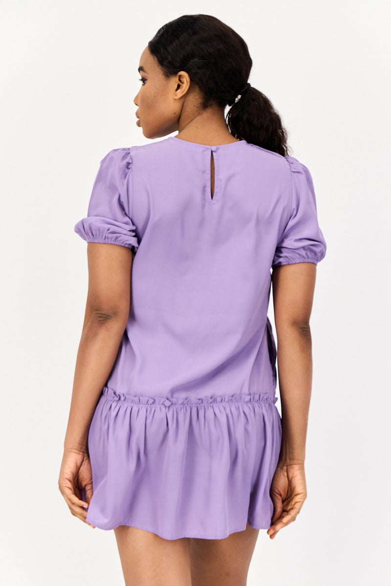 ONLY Women Solid Mini Peasant Dress, Purple  - Image 3