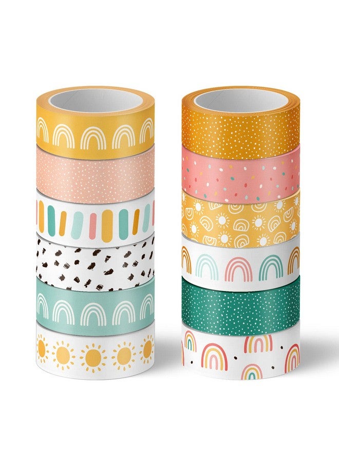 Whaline 12 Roll Boho Washi Tapes Boho Rainbow Sun Washi Masking Tape Cute Summer Rainbow Tape Sticker Decorative Back To School Washi Tape For Scrapbook Journal Diy Art Craft Gift Wrapping, 16.4Ft - Image 1