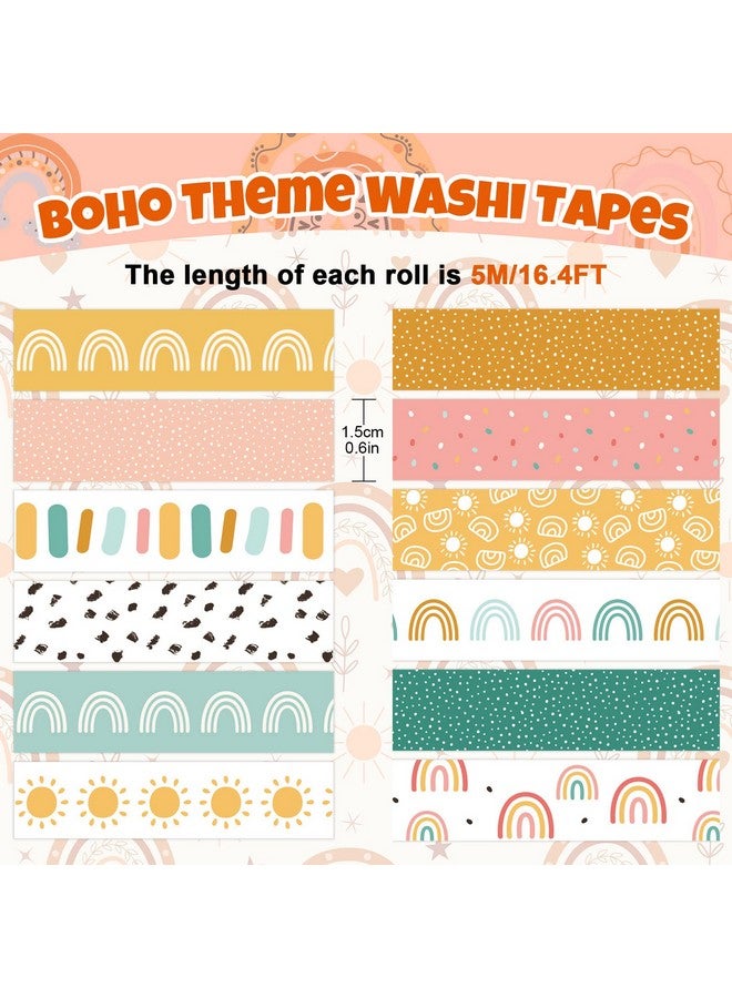 Whaline 12 Roll Boho Washi Tapes Boho Rainbow Sun Washi Masking Tape Cute Summer Rainbow Tape Sticker Decorative Back To School Washi Tape For Scrapbook Journal Diy Art Craft Gift Wrapping, 16.4Ft - Image 2