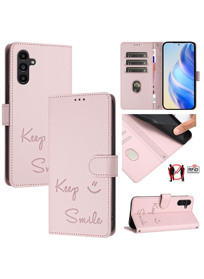 S-TOP Case For Samsung Galaxy A13 5G / 4G / A04s Smile Embossing RFID Leather Phone Case - Image 1