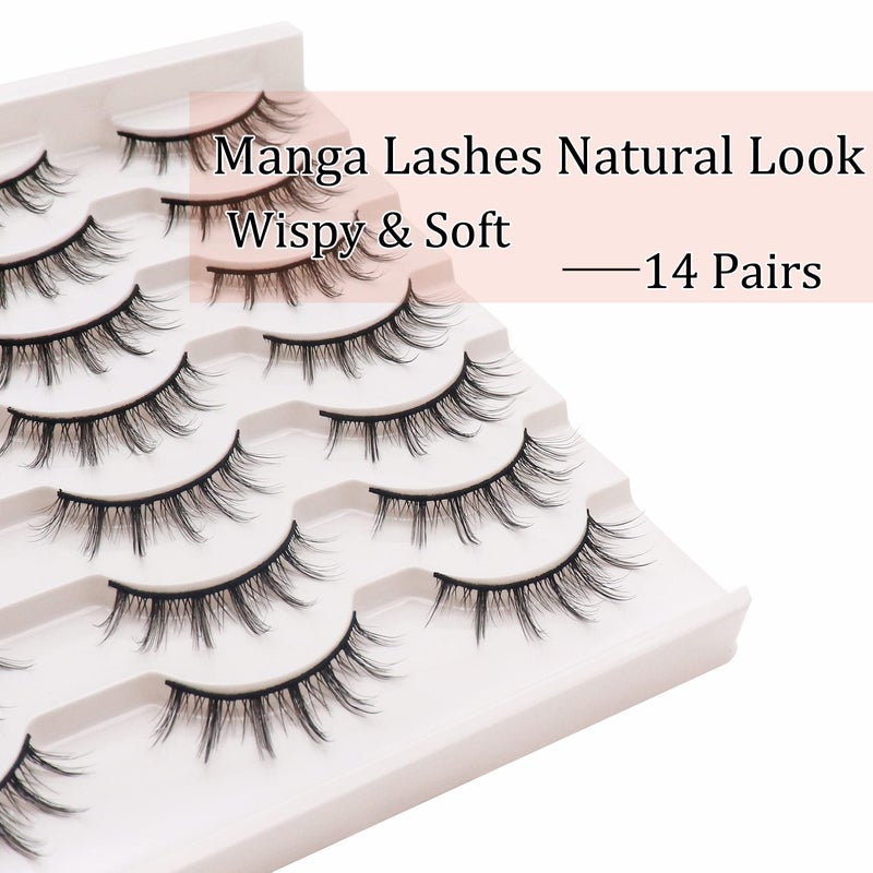 Losha Manga Lashes Fluffy Faux Mink Lashes 14 Pairs Natural False Lashes Pack Wispy Short Anime Lashes Look Like Individual Clusters (3D1009) - Image 3