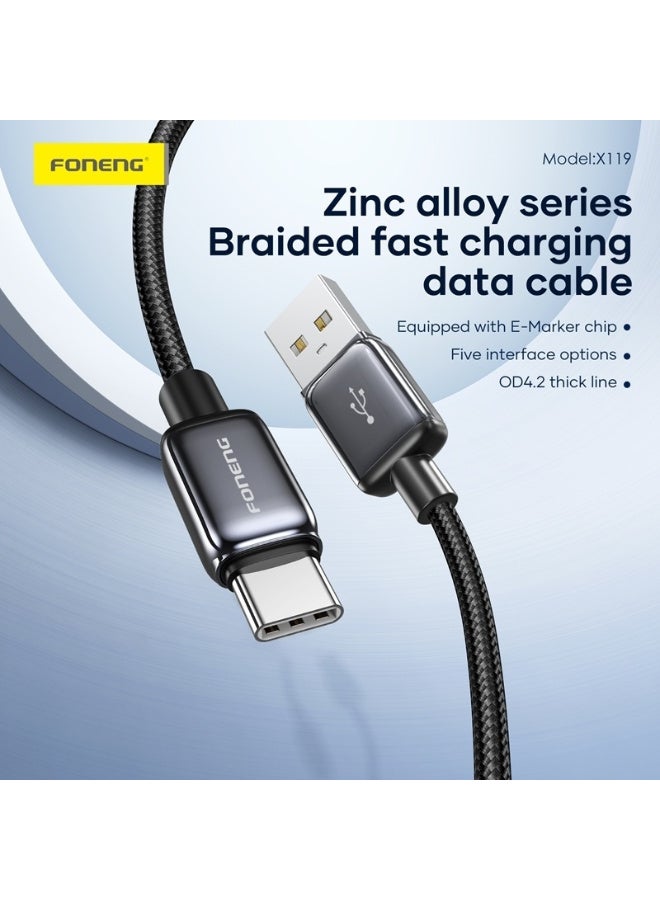 فونينج كابل شحن سريع فونينج X119 – سلك مضفر TYPE-C بطول 1 متر – شحن 18W مع سلك سميك OD4.2 – هيكل زنك ألووي متين – مقاوم للانحناء (Zinc Alloy Data Cable) - Image 2