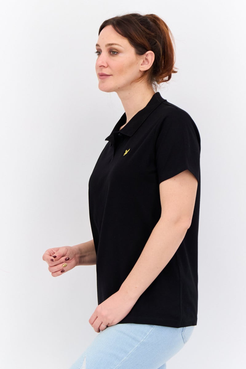 Lyle & Scott Women Spread Collar Short Sleeves Brand Logo Polo Shirt, Black  - Image 2