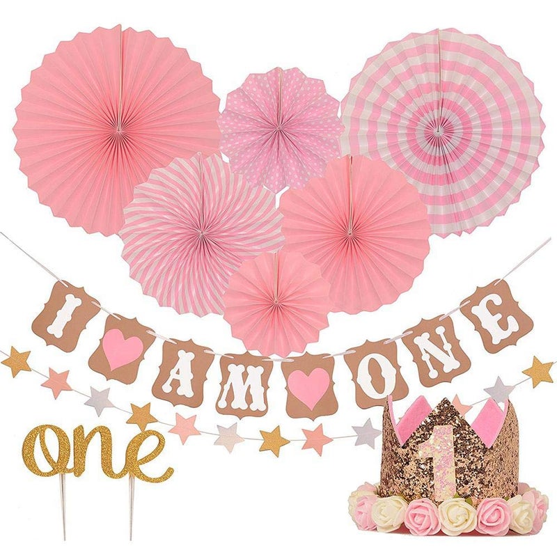SKEIDO Girls 1st Birthday Party Decorations Pink Themed Birthday Kit First Birthday Tiara Crown Hat For Baby Girls - Image 1