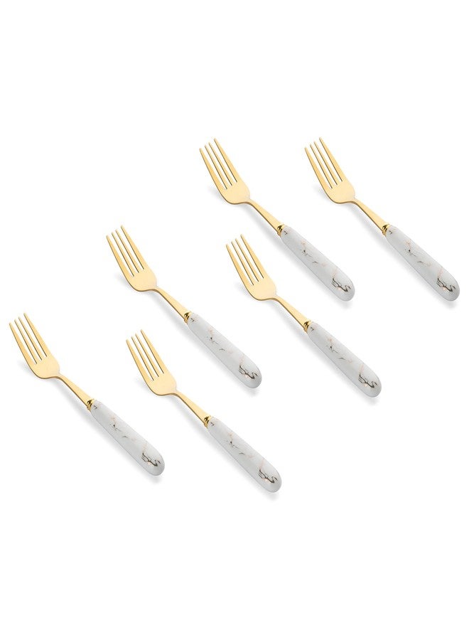 MGeezz Golden Stainless Steel Fork Set With Ceramic Handle - 6-Piece 19cm Cutlery for Home Kitchen, Restaurant, Dinner Table, Serving Salad and Fruit - Image 1