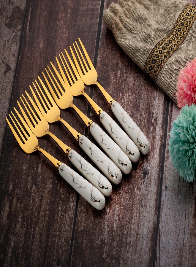 MGeezz Golden Stainless Steel Fork Set With Ceramic Handle - 6-Piece 19cm Cutlery for Home Kitchen, Restaurant, Dinner Table, Serving Salad and Fruit - Image 4