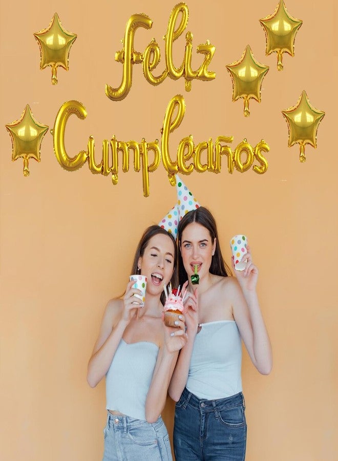 جانسونغ لافتة بالونات عيد ميلاد سعيد من PANRRPERS Feliz Cumpleanos مع 5 قطع من البالونات النجمية وخلفية لحفلة فييستا للأطفال والكبار باللون الذهبي - Image 4