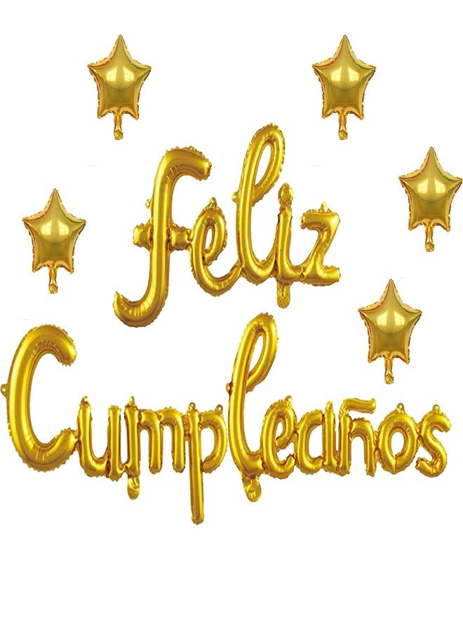 جانسونغ لافتة بالونات عيد ميلاد سعيد من PANRRPERS Feliz Cumpleanos مع 5 قطع من البالونات النجمية وخلفية لحفلة فييستا للأطفال والكبار باللون الذهبي - Image 1