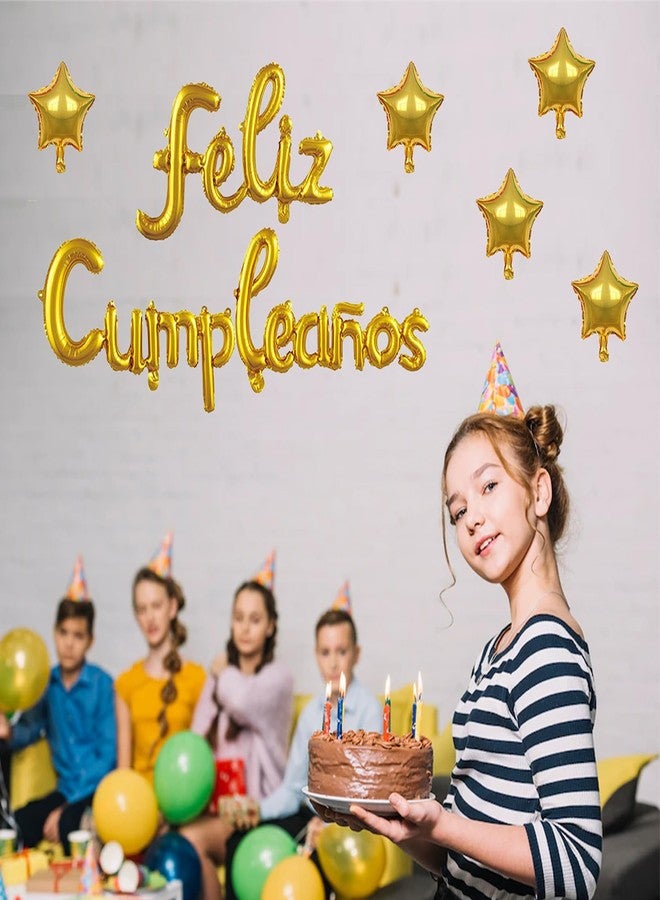 جانسونغ لافتة بالونات عيد ميلاد سعيد من PANRRPERS Feliz Cumpleanos مع 5 قطع من البالونات النجمية وخلفية لحفلة فييستا للأطفال والكبار باللون الذهبي - Image 5