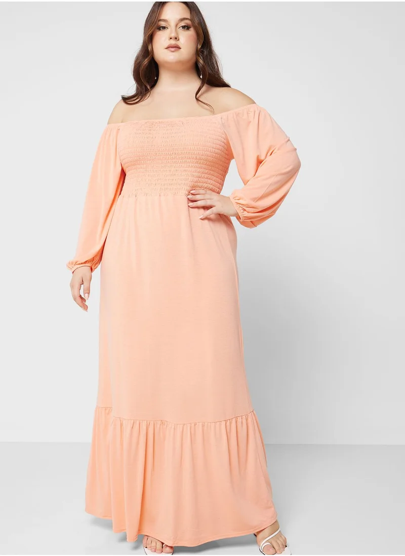 In The Style Curve Curve Jac Jossa Peach Shirred Bardot Maxi Dress