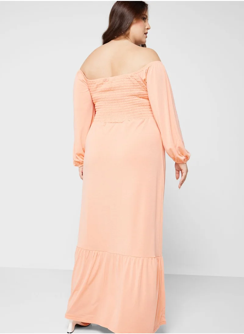 In The Style Curve Curve Jac Jossa Peach Shirred Bardot Maxi Dress