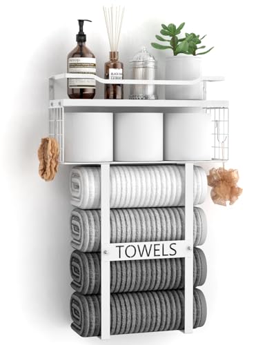 Aetyord Towel Racks for Bathroom Wall Mounted Bath Wall Towel Holder Set Above Toilet Storage Rolled Towel Shelf Organizer for Small Bathroom All White Wood Vertical Towel Rack for Bathroom Wall Decor - Image 1